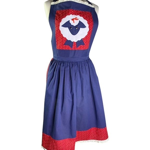 Vintage 90’s Handmade White Fuzzy Sheep Bib Apron Red Gingham Check Ruffle Med. - Picture 6 of 8